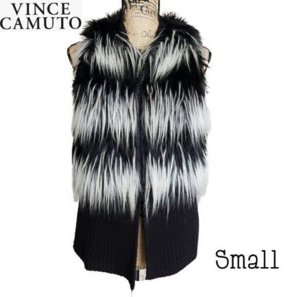 Women's Faux Fur Vest Black and White Sweater Cardigan Vince Camuto Small NWOT - Picture 1 of 9